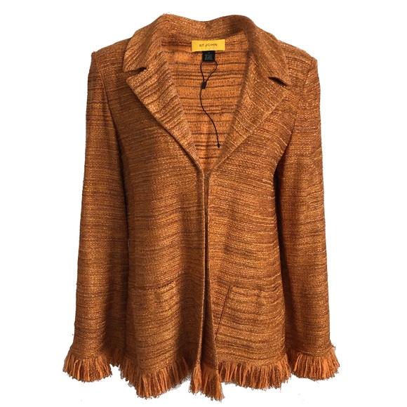 St John Knit Jacket with Fringe Trim Shimmer Thread NWD/NWOT M - Picture 1 of 6